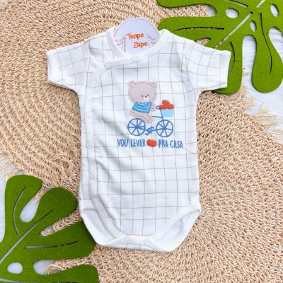 Kit 3 Peças - Bodys Manga Curta Ursos Maçãs Orgânicas - Azul Bebê, Off White e Areia